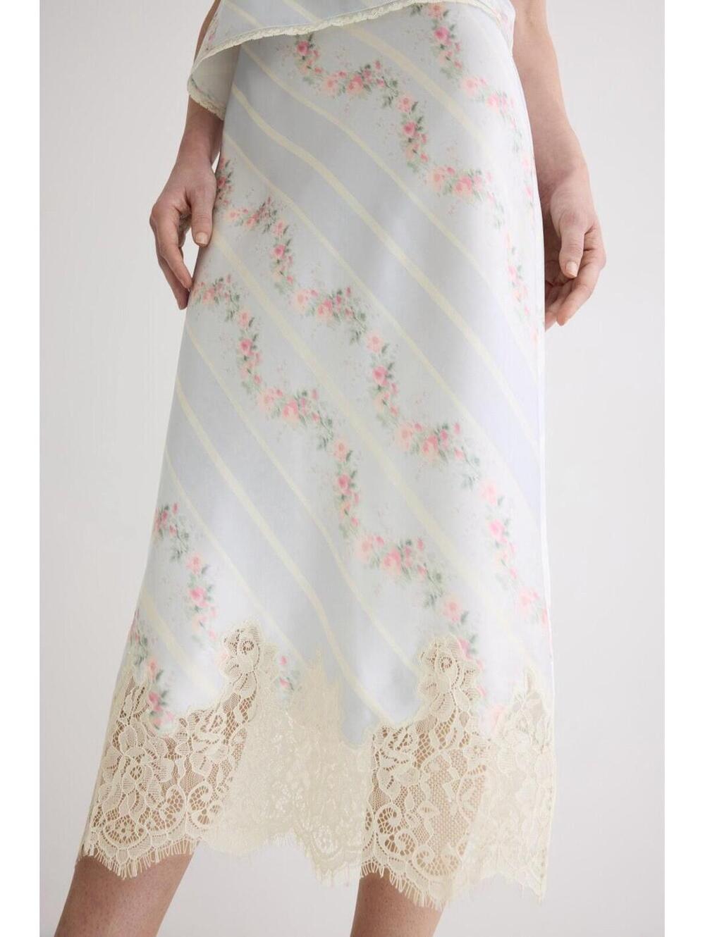 LoveShackFancy Floral Malina Skirt Wavecrest Blue w/ Ruffle Hem - Size MED